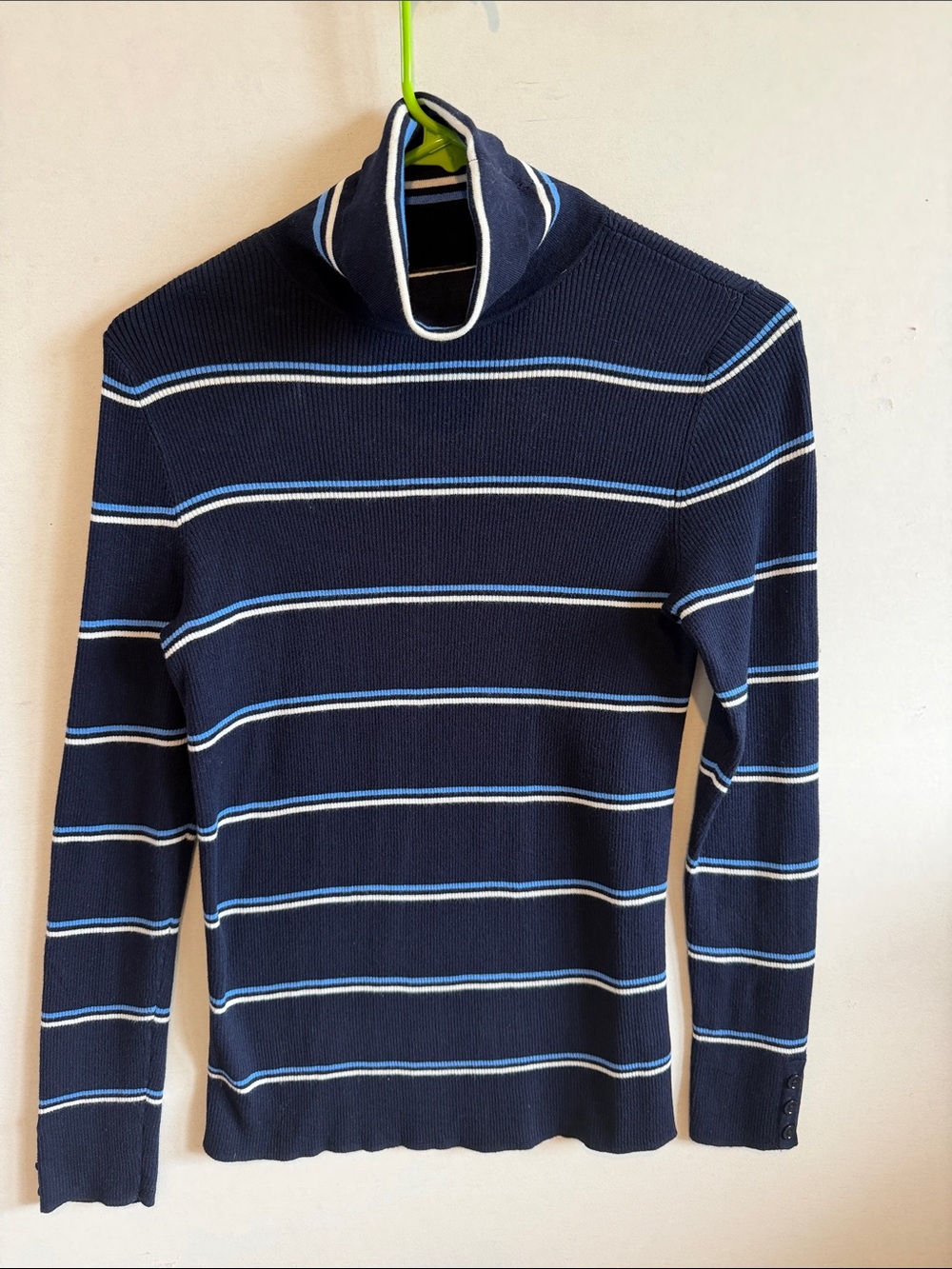 Talbots Navy Striped Turtleneck Sweater with Light Blue & White Stripes
